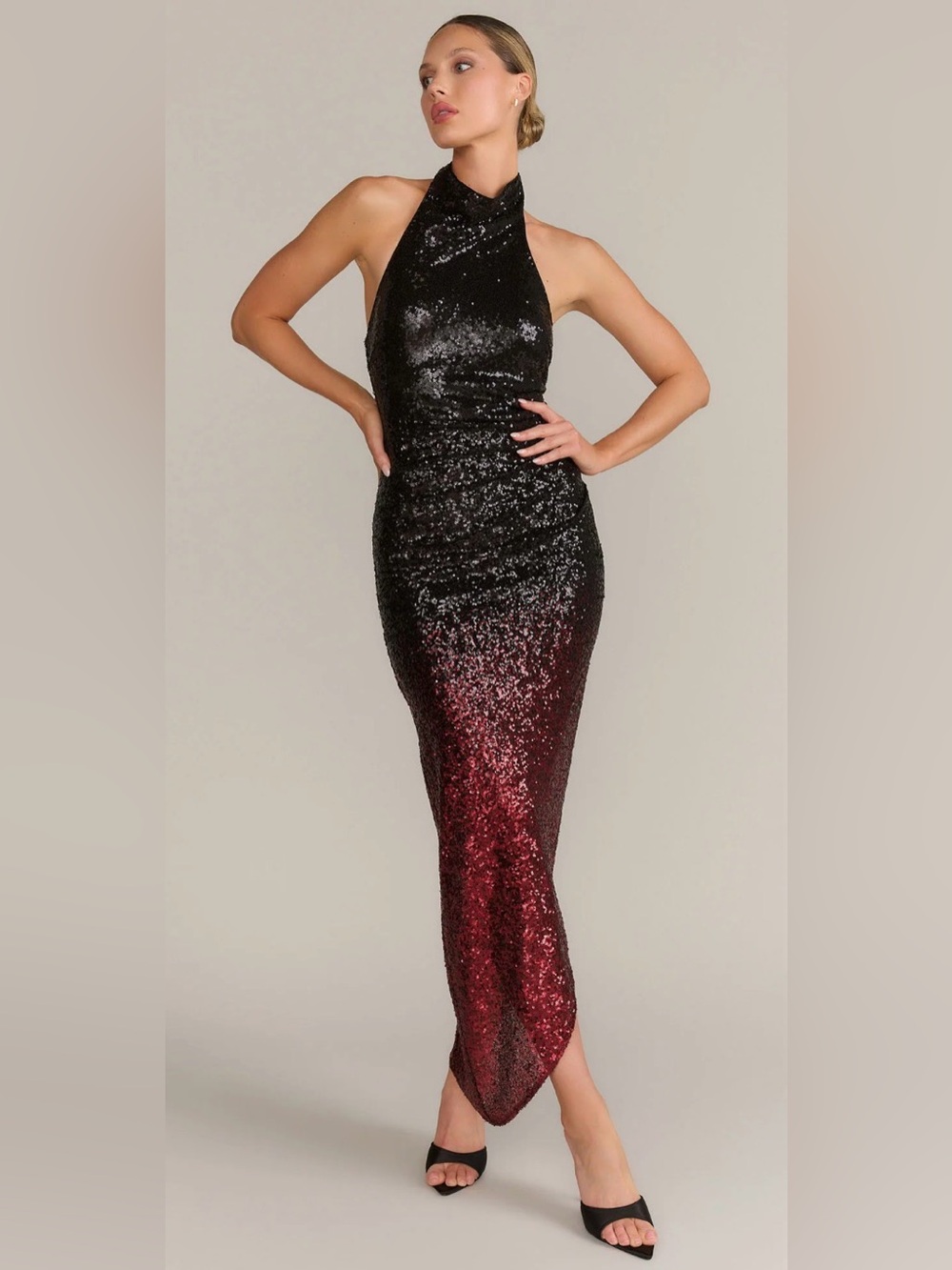 DO+BE Black to Red Sequin Halter Maxi Dress